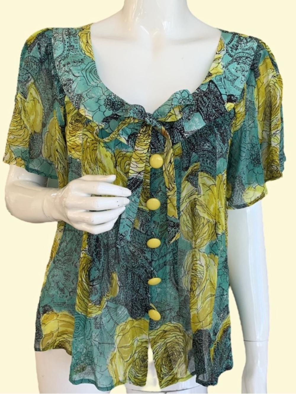 Nanette Lepore bergdorf Goodman SILK Roses Blouse Flutter Sleeve Buttons Bow 10